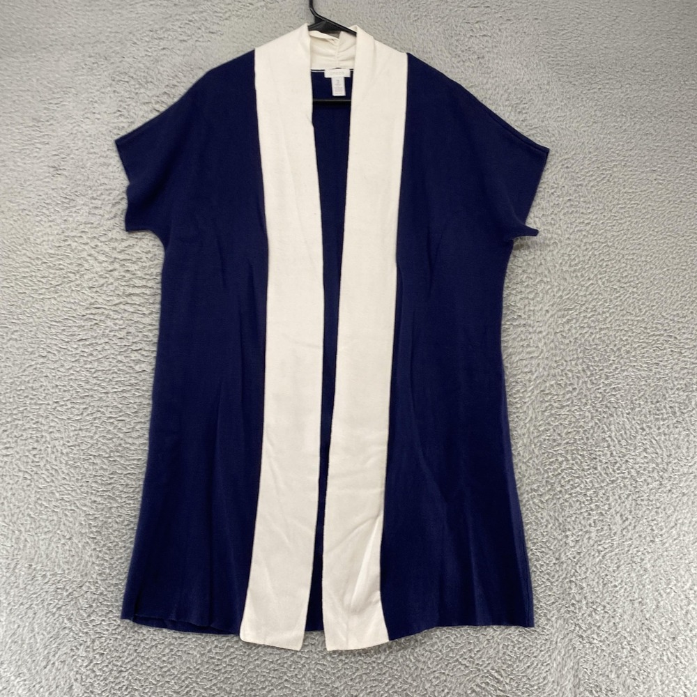 Chicos Cardigan Sweater Womens 3 XL Navy Blue Open Front Short Sleeve Colorblock